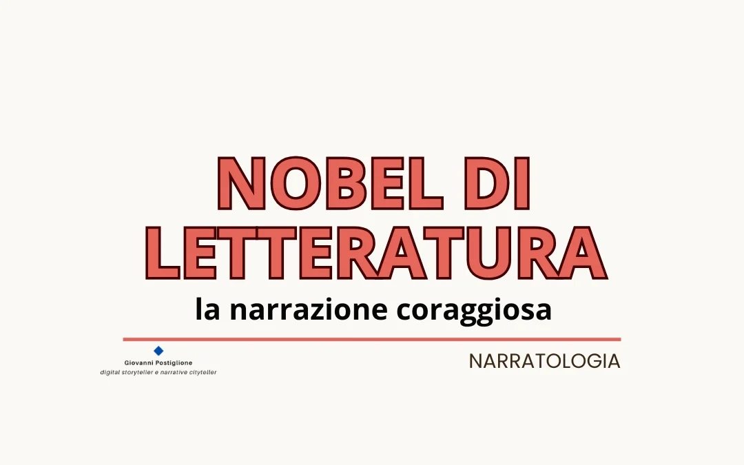 Questa immagine grafica funge da copertina per una discussione sul Nobel Letteratura 2025, esplorando il tema della "narrazione coraggiosa". Sebbene il nome non sia scritto, il contesto suggerisce un approfondimento sull'autore Krasznahorkai. Il design è pulito, con il titolo centrale in caratteri grandi e rosati e informazioni editoriali aggiuntive a piè di pagina