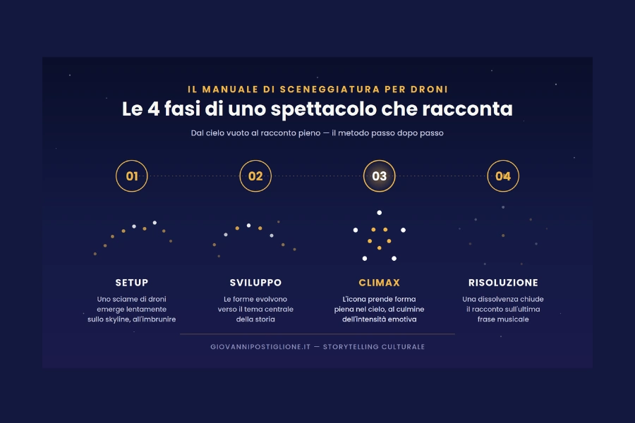 Infografica delle 4 fasi di uno spettacolo con droni: setup, sviluppo, climax, risoluzione