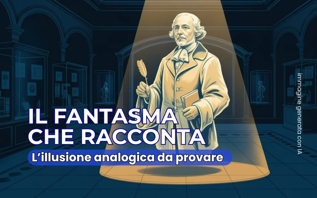 Illustrazione dell'effetto Pepper's Ghost: figura storica traslucida che appare in un museo grazie a un pannello di vetro riflettente
