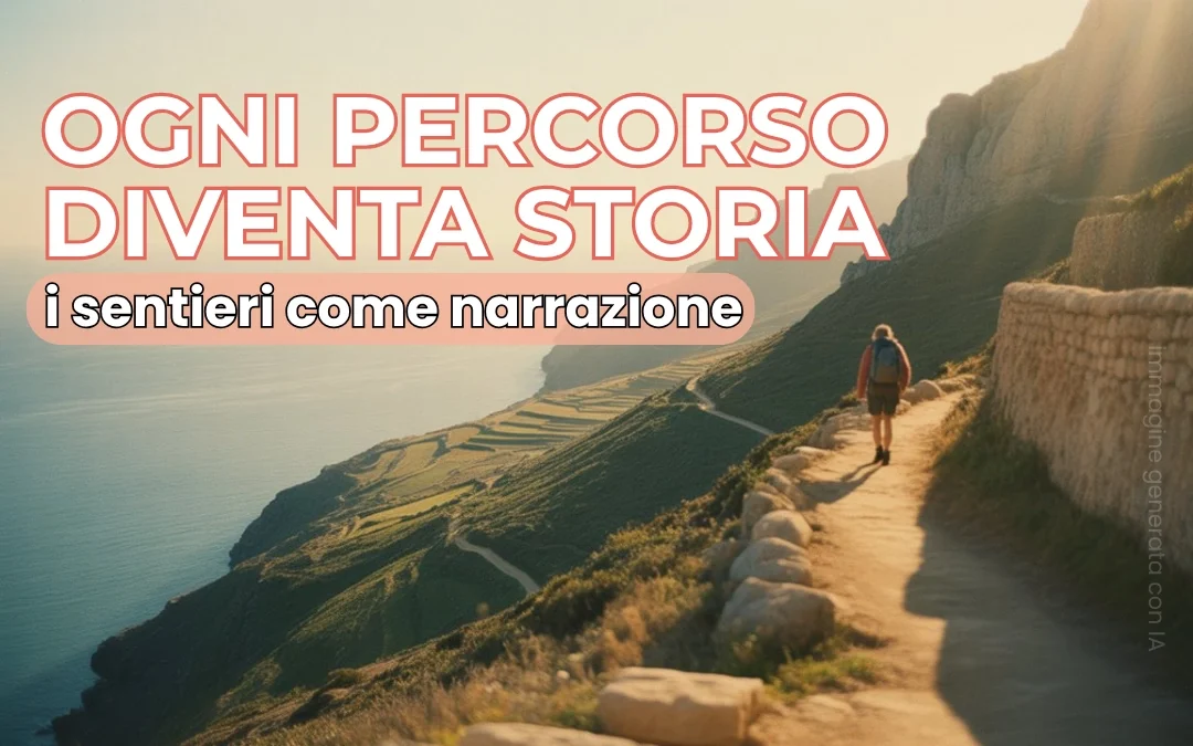 Sentiero di montagna panoramico con terrazzamenti e mare sullo sfondo: fotografia cinematografica su come raccontare un sentiero